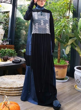 杨丽萍同款民族风女装复古原创小众印花连衣裙拼接流苏文艺长裙潮