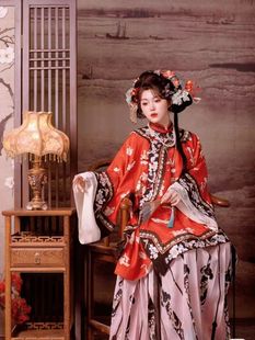 套装新款清汉女印花百褶裙国风非蝶女汉服秋冬立领两色少奶奶上衣