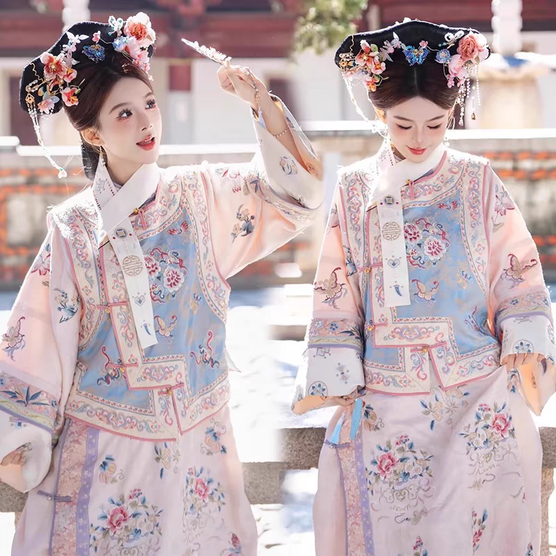 套装古风清代女装汉服晚清旗装清朝格格服装粉色宫廷风连衣裙马甲