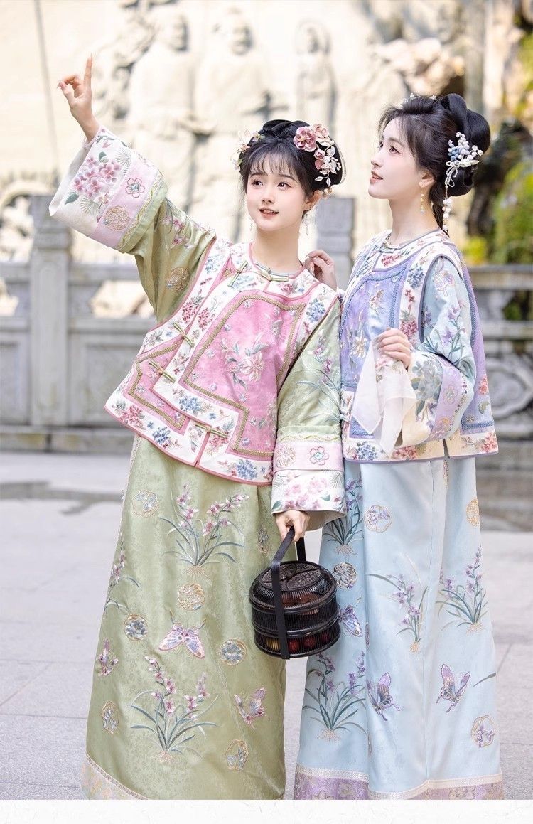 原创清汉女装清朝公主格格服装复原感印花马甲氅衣旗服套装小宫装