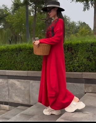杨丽萍同款棉麻连衣裙复古民族风宽松印花大摆长裙文艺中国风旅游