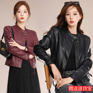 高端时尚 外套 棕色海宁真皮机车服皮衣女春秋绵羊皮小个子夹克短款