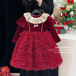 拜年服裙子女童连衣裙冬季儿童丝绒礼服公主裙洋气加绒红色过年服