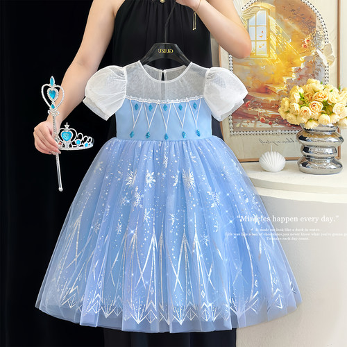 艾莎爱莎公主裙女童夏绝美小女孩生日礼服纱裙儿童冰雪短袖连衣裙