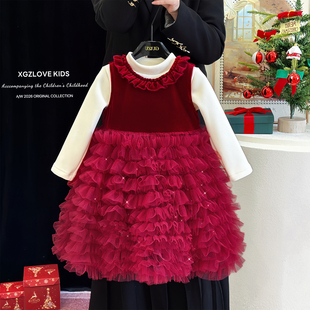 女童冬季红色丝绒礼服裙儿童红色加绒圣诞新年公主裙套裙生日礼服