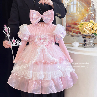女童洛丽塔公主裙秋冬款儿童美乐蒂连衣裙绝美生日礼服粉色毛衣裙