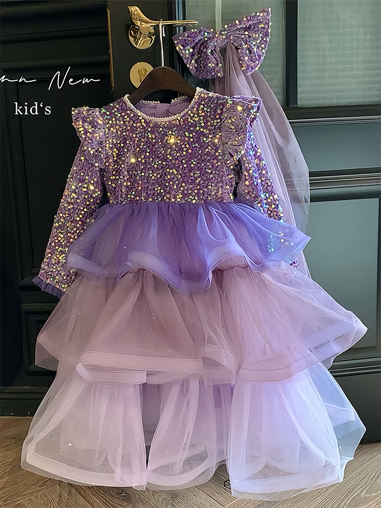 High-end girls princess dress autumn and winter 2025 new children's clothing fashionable plus velvet sequin birthday dress tutu skirt