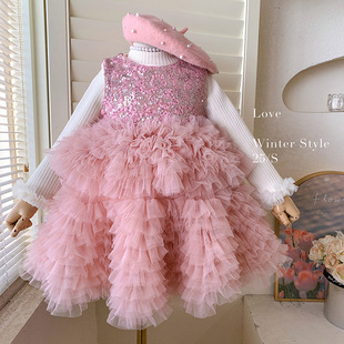 女童加绒连衣裙冬装儿童富家千金感公主裙生日宴高端粉色蓬蓬纱裙