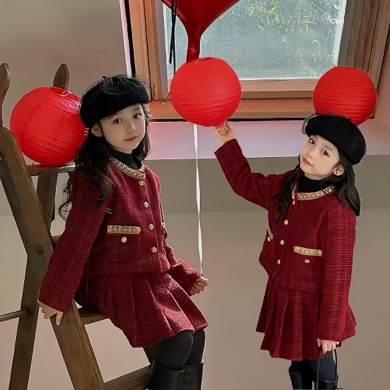 女童小香气质珍珠花边领红色套装