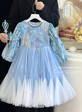 艾莎公主裙冬装女童冰雪奇缘爱莎连衣裙儿童高级感生日加厚礼服裙