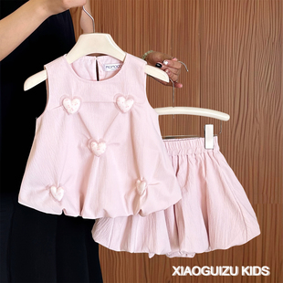 女童套装夏装2026新款宝宝无袖娃娃衫花苞裤多巴胺立体爱心两件套