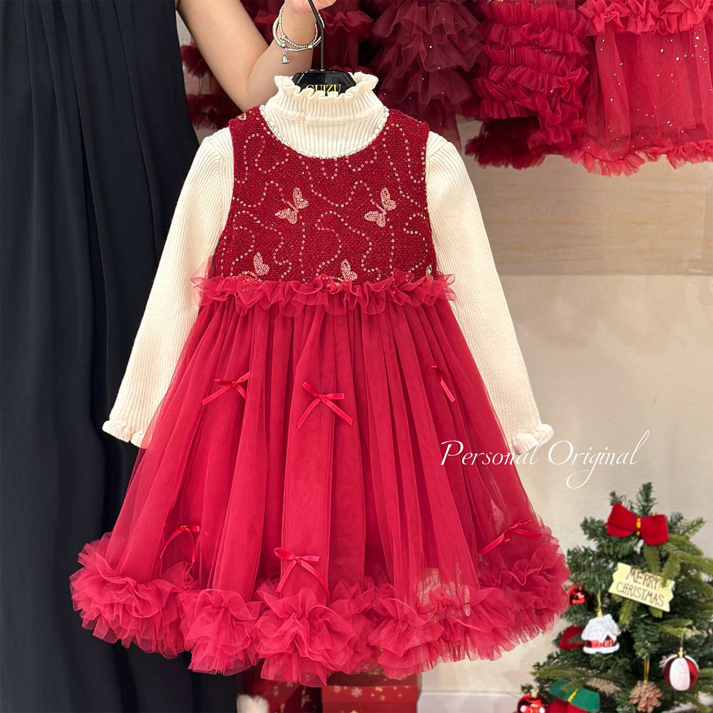 女童红色连衣裙冬装2025新款儿童高端蓬蓬纱公主裙加绒拜年服裙子