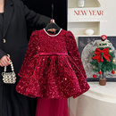 女小童加绒连衣裙冬季 洛丽塔女宝宝裙子 过年红色亮片礼服新年装