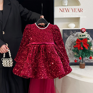 女小童加绒连衣裙冬季 洛丽塔女宝宝裙子 过年红色亮片礼服新年装