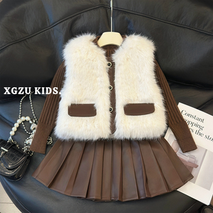 女童仿皮草套装秋冬季2026新款儿童加厚夹棉马甲洋气百褶裙三件套