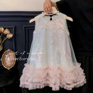 女童美人鱼亮片连衣裙夏季2025新款儿童人鱼姬洋气网纱无袖背心裙