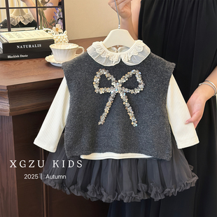 女童套装裙春秋2025新款洋气女宝宝时髦针织马甲拼接网纱裙三件套