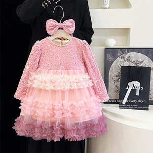 高级感女童连衣裙秋冬季儿童加绒亮片生日蛋糕礼服裙子粉色公主裙