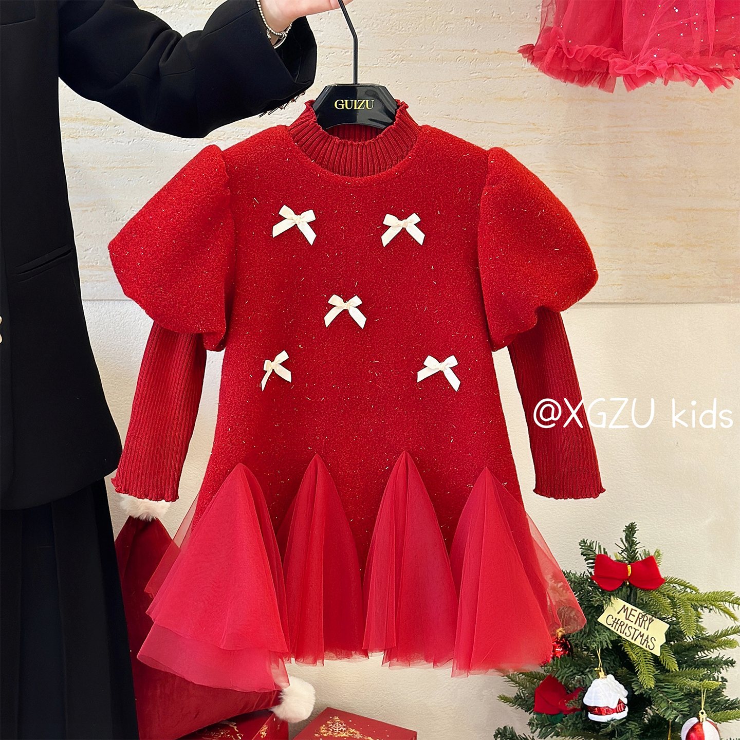 女童蝴蝶结加绒网纱连衣裙两件套