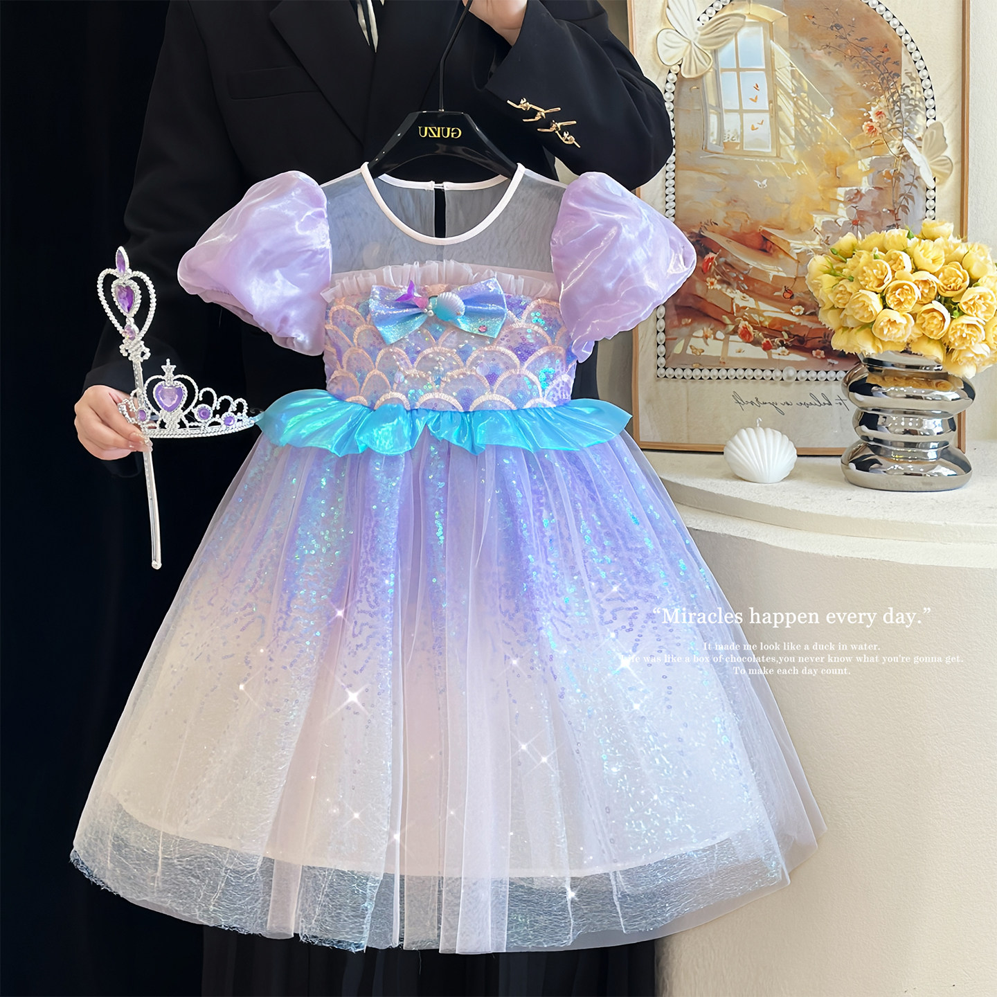 女童美人鱼公主裙夏季2026新款儿童亮片连衣裙超仙生日紫色礼服裙