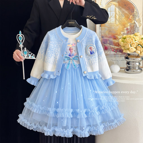 女童爱莎毛衣套装秋时髦蓬蓬纱裙