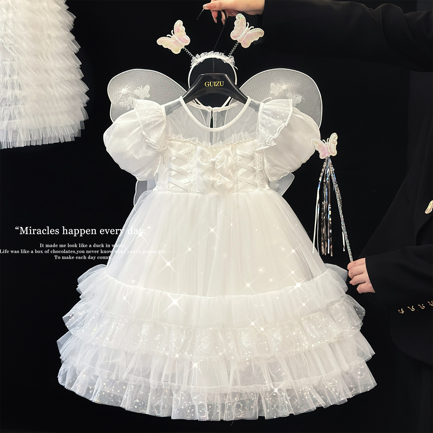 女童白色连衣裙夏季六一儿童演出服公主裙女宝宝生日礼服蓬蓬纱裙