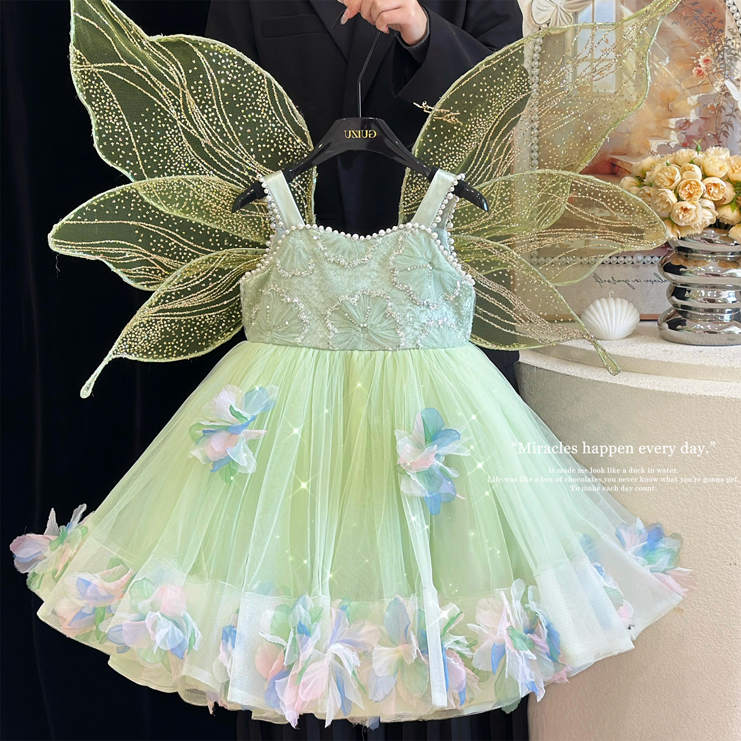 花仙子女童连衣裙夏季儿童绿色网纱公主裙带翅膀生日洛丽塔礼服裙