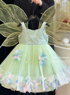 花仙子女童连衣裙夏季儿童绿色网纱公主裙带翅膀生日洛丽塔礼服裙