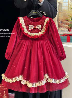 女童裙子冬装红色连衣裙儿童富家千金感丝绒礼服公主裙加绒拜年服