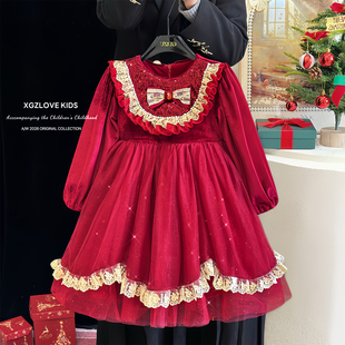 女童裙子冬装红色连衣裙儿童富家千金感丝绒礼服公主裙加绒拜年服