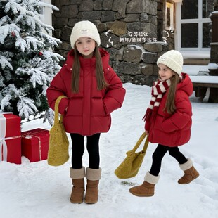 女童羽绒服加厚90白鸭绒红色喜庆拜年服外套儿童洋气时髦过年衣服