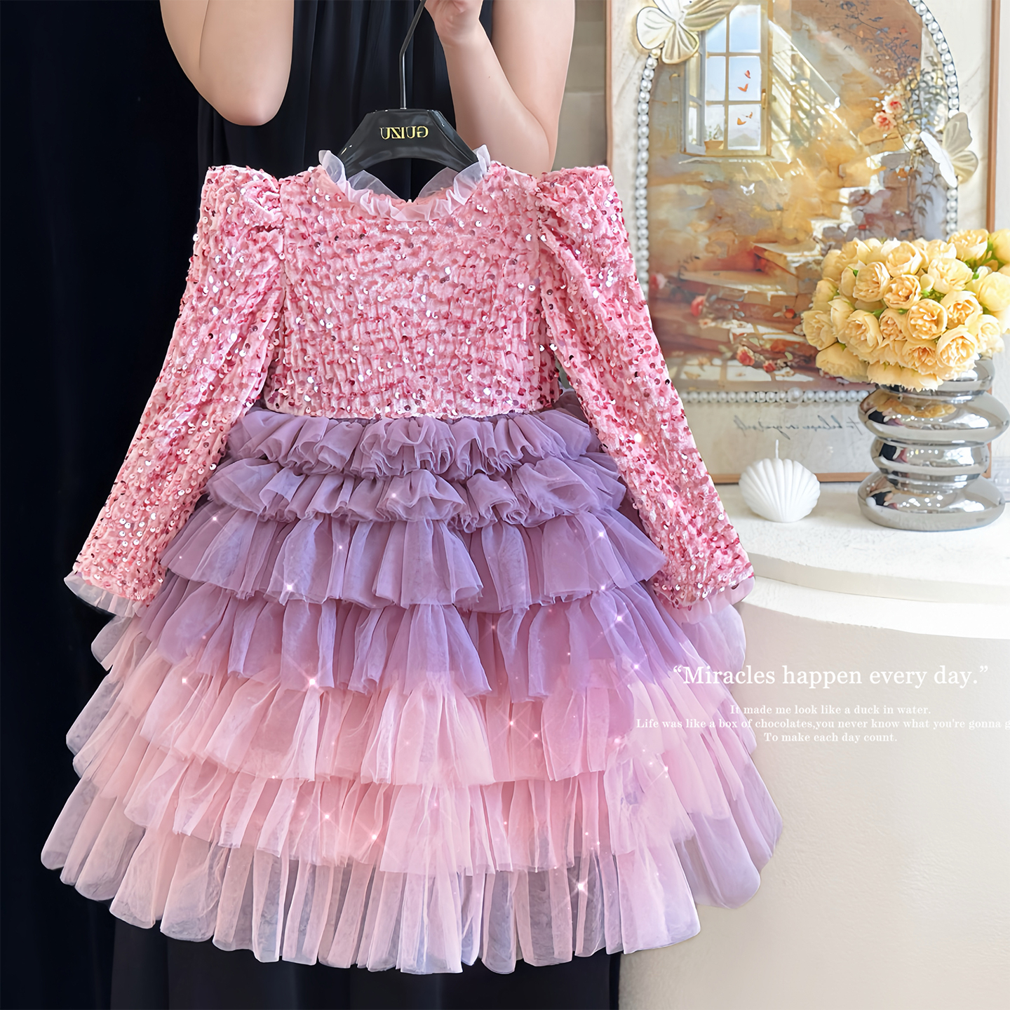 女童公主裙春秋款高端宴会礼服生日连衣裙小女孩粉色亮片蓬蓬纱裙
