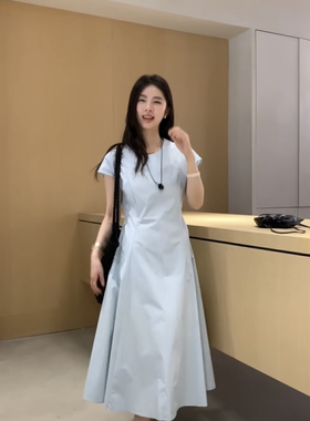 现货RS.WHMT法式设计感小飞袖显瘦收腰系带连衣裙优雅气质中长裙