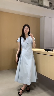 现货RS.WHMT法式设计感小飞袖显瘦收腰系带连衣裙优雅气质中长裙