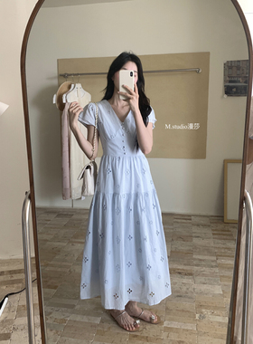 现货漫莎法式复古优雅浪漫短袖温柔风收腰镂空绣花连衣裙气质长裙