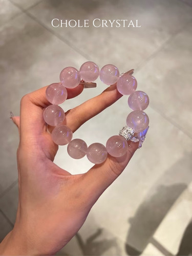 天然冰透马粉水晶桃花14mm手串