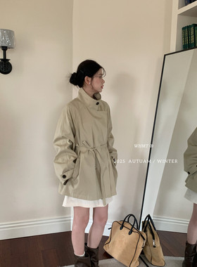 RS.WHMT韩系立领慵懒风设计感斜门襟休闲百搭风衣中长款外套大衣