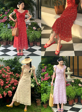 UONE法式复古优雅浪漫木耳边提花短袖连衣裙V领系带修身碎花长裙