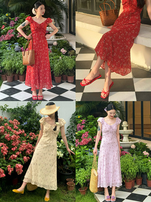 UONE法式复古优雅浪漫木耳边提花短袖连衣裙V领系带修身碎花长裙