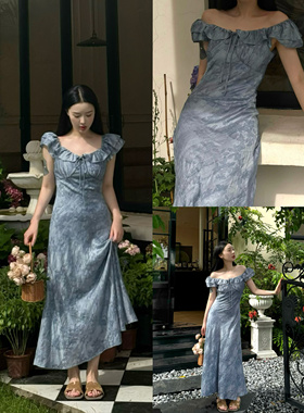 UONE韩系清新扎染提花气质荷叶领显瘦短袖优雅连衣裙温柔度假长裙