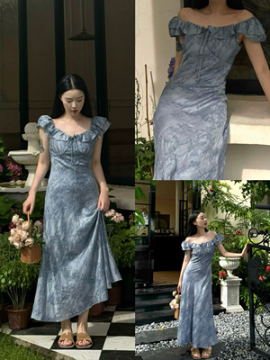 UONE韩系清新扎染提花气质荷叶领显瘦短袖优雅连衣裙温柔度假长裙