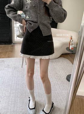 2025韩系蕾丝花边拼接波点毛尼厚实半身裙高腰百搭显瘦a字短裙春