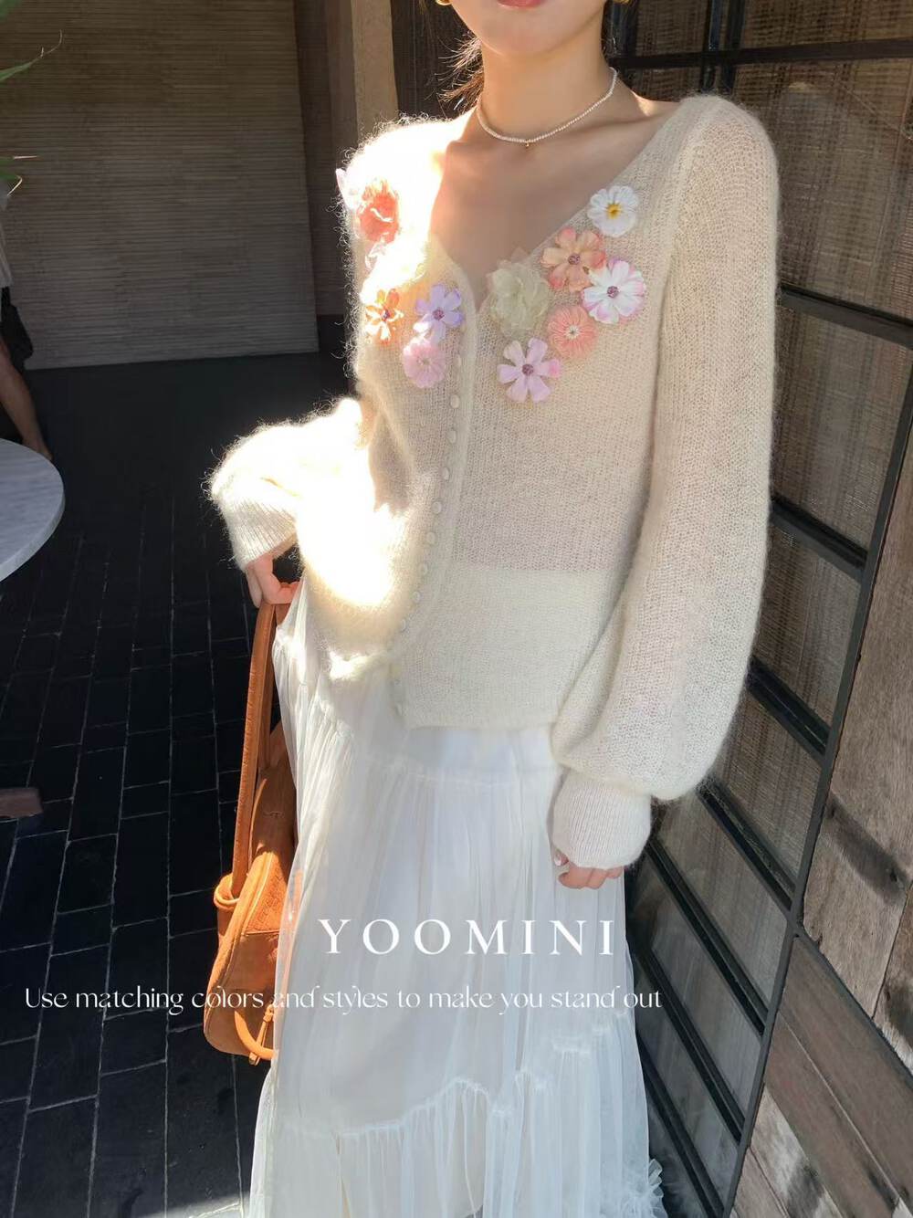 YOOMINI莫奈花园v领羊毛马海毛立体花朵甜美针织开衫毛衣含30羊毛