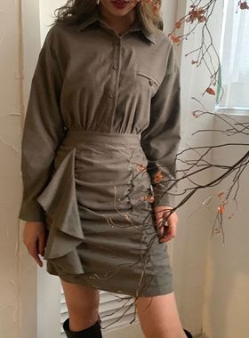 现货 25韩版新款假两件收腰波浪褶皱连衣裙POLO领高腰显瘦裙子女