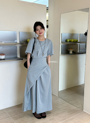 现货RS.WHMT法式不规则系带收腰显瘦短袖设计感连衣裙气质长裙夏