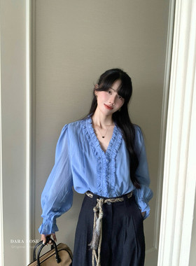 重工浪漫小衫DARA ROSE温柔纯色设计感木耳边衬衫宽松V领显瘦上衣