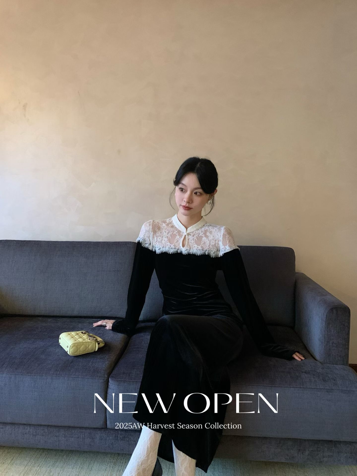 NEW OPEN新款丝绒拼接蕾丝气质优雅收腰显瘦连衣裙新中式打底长裙