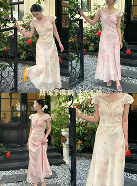 UONE法式V领粉色小飞袖碎花连衣裙2025夏仙女气质收腰百搭长裙潮