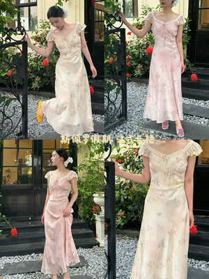 UONE法式V领粉色小飞袖碎花连衣裙2025夏仙女气质收腰百搭长裙潮