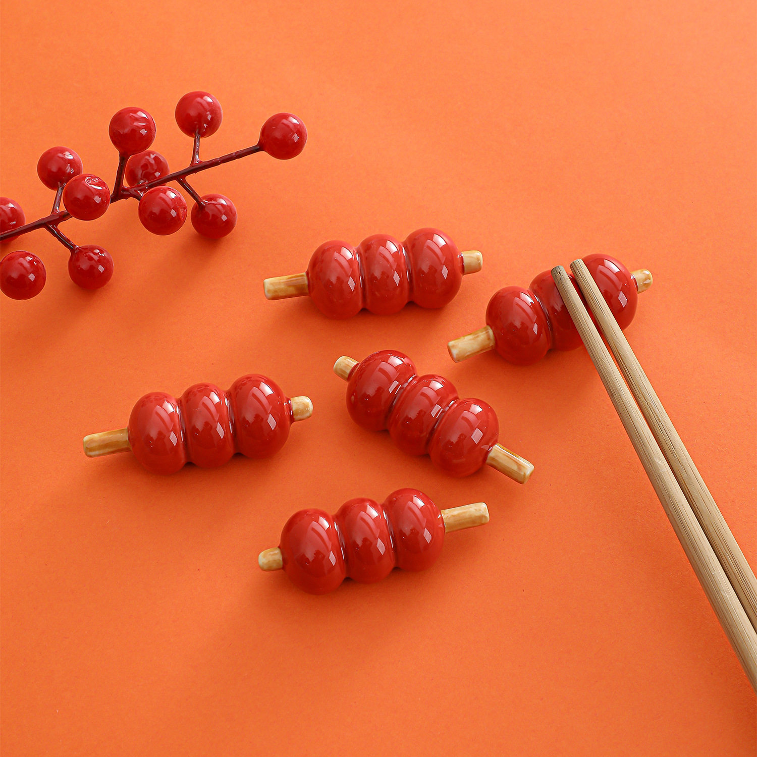 创意实心陶瓷筷子架糖葫芦筷子托中国红迷你陶瓷小摆件送礼小饰品